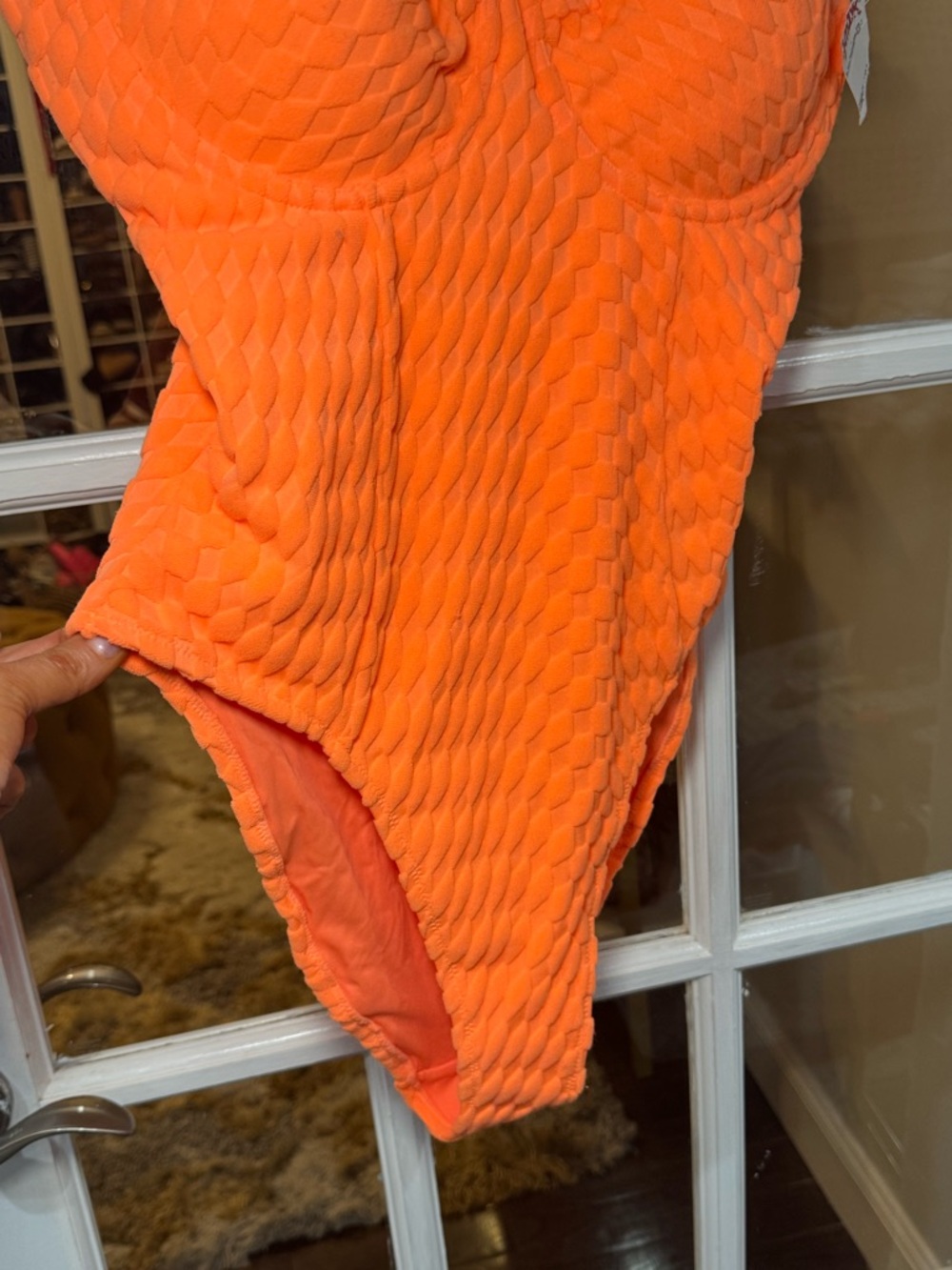 Good American Orange Textured One-Piece Swimsuit high cut towel fabric bright - Picture 3 of 7